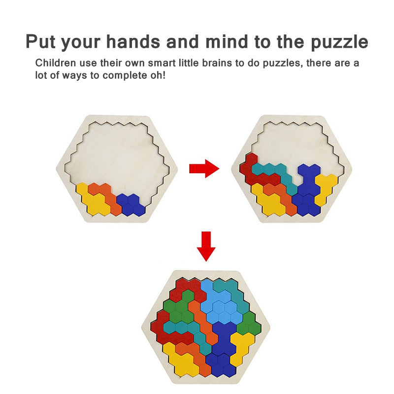 Houten Tangram Zeshoekpuzzel – Educatief Spel voor Peuters & Kleuters
