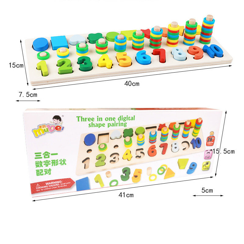 3-in-1 Montessori Houten Speelgoed – Vroege Educatie met Geometrie, Cijfers en Matchen