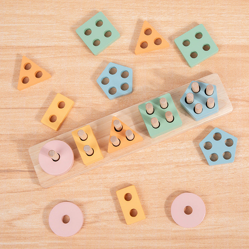 Montessori Houten Vormenstoof – Vijfdelige Kolomvorm Sorteer Set