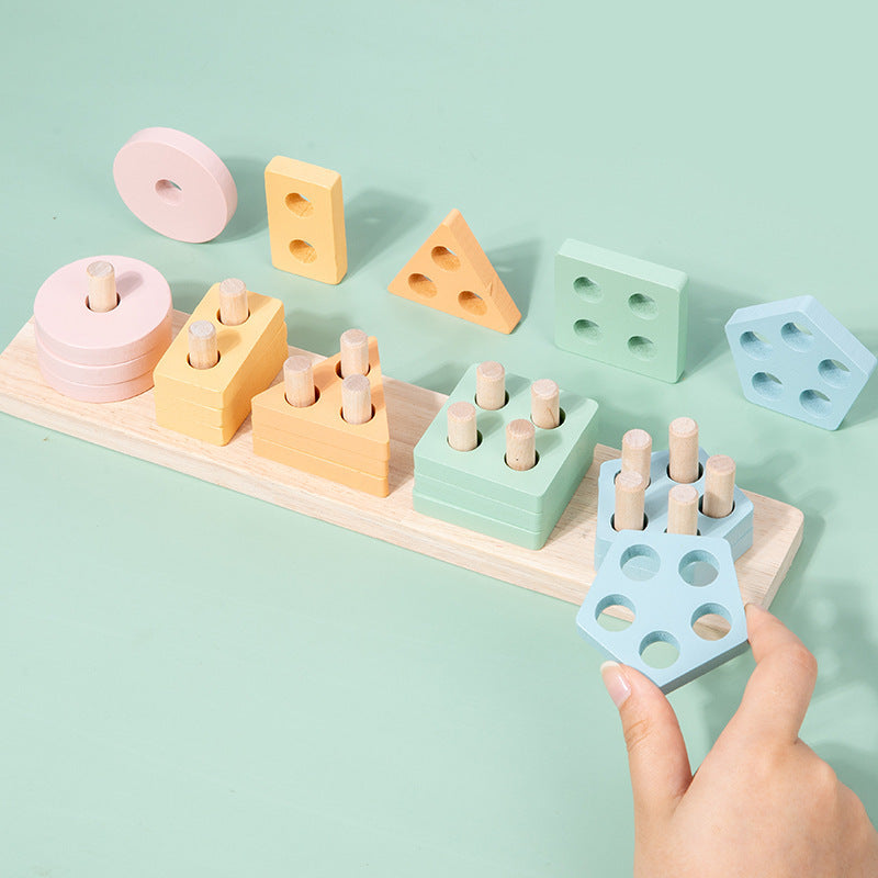Montessori Houten Vormenstoof – Vijfdelige Kolomvorm Sorteer Set