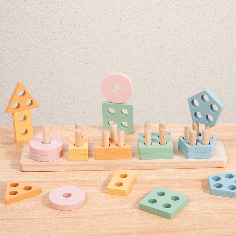 Montessori Houten Vormenstoof – Vijfdelige Kolomvorm Sorteer Set