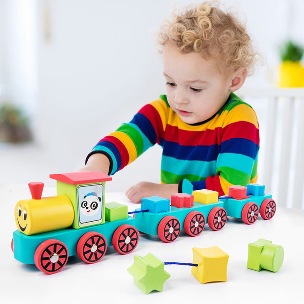 Educatieve Houten Trein – Vormensorteerder en Stapelbare Blokken voor Kinderen