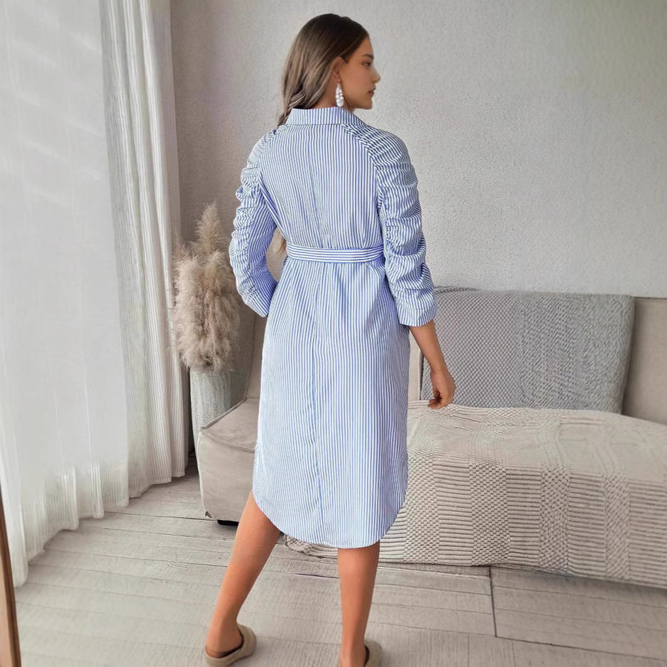 Asymmetrische Midirok Jurk met Strepen – Blauw, Wit & Oranje | 3/4 Mouwen