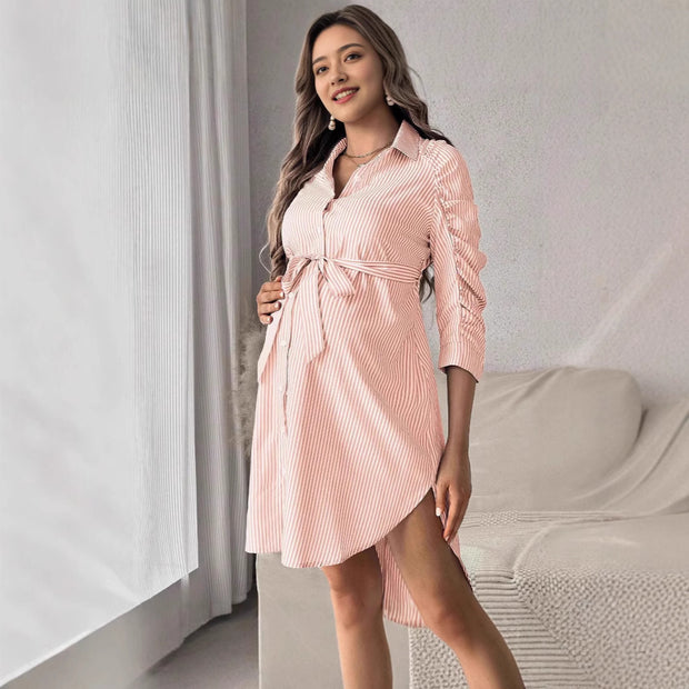 Asymmetrische Midirok Jurk met Strepen – Blauw, Wit & Oranje | 3/4 Mouwen