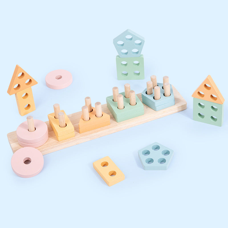Montessori Houten Vormenstoof – Vijfdelige Kolomvorm Sorteer Set