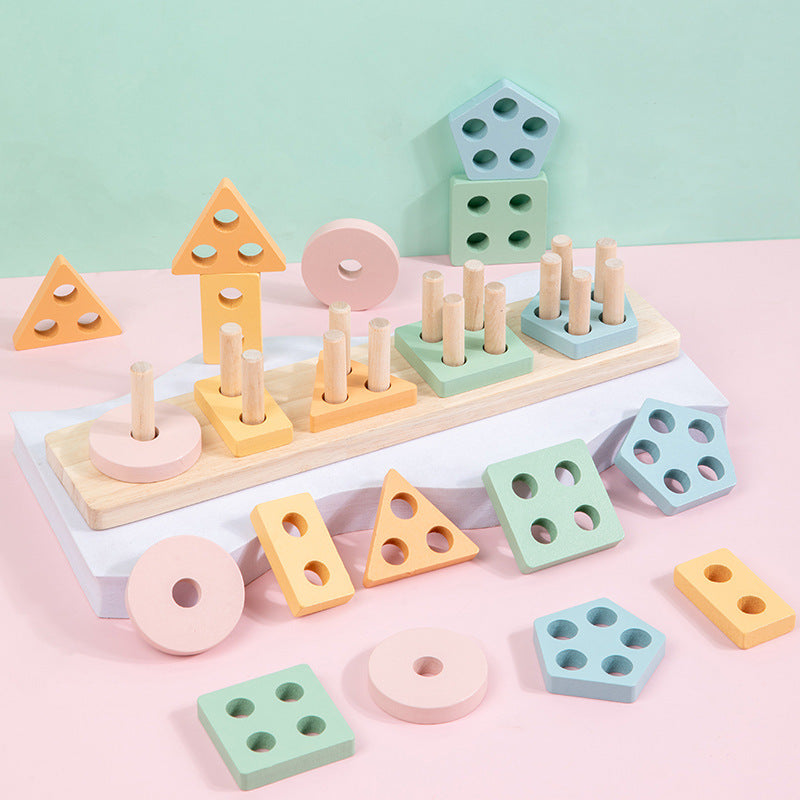 Montessori Houten Vormenstoof – Vijfdelige Kolomvorm Sorteer Set